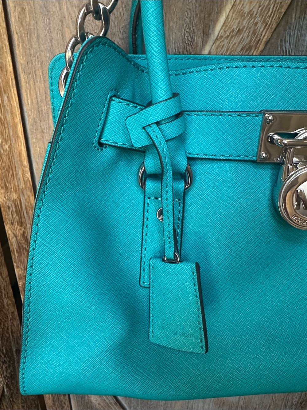 Michael Kors Turquoise Satchel Tote with Silver Padlock & Chain Shoulder Handbag - Picture 14 of 16
